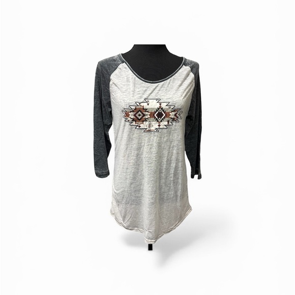 Cowgirl Hardware Tops - Cowgirl Hardware Aztec Graphic Raglan Tee Western Boho Top White Gray L